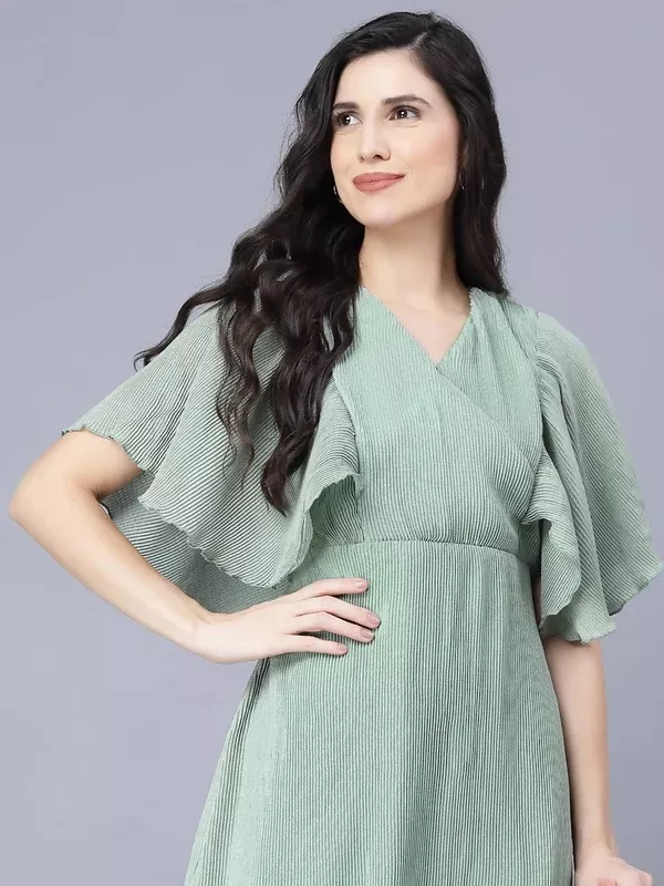Myshka Chiffon Solid Short Sleeve V Neck Green Women Dress - S