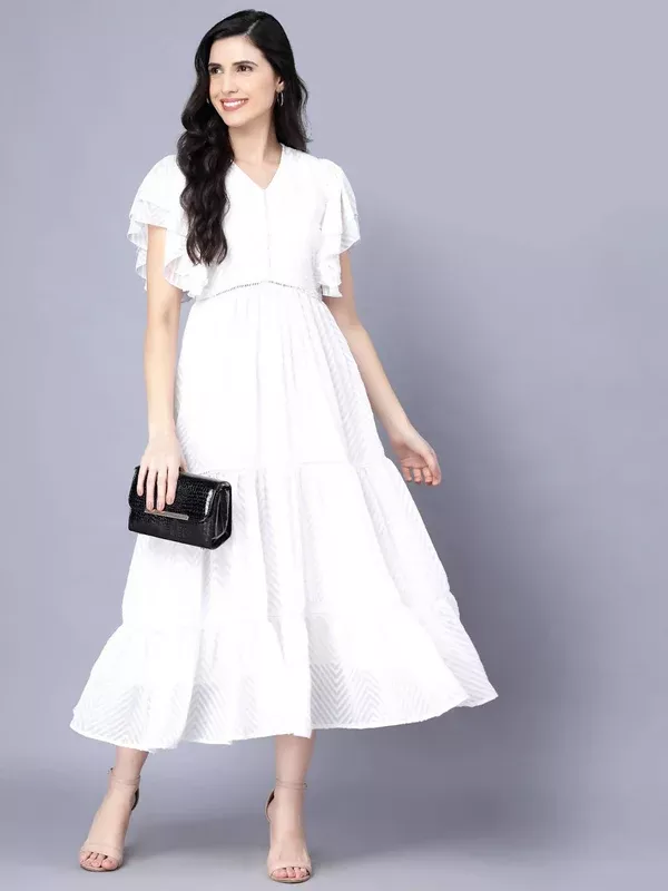 Myshka Georgette Solid Short Sleeve V Neck White Women Dress - S