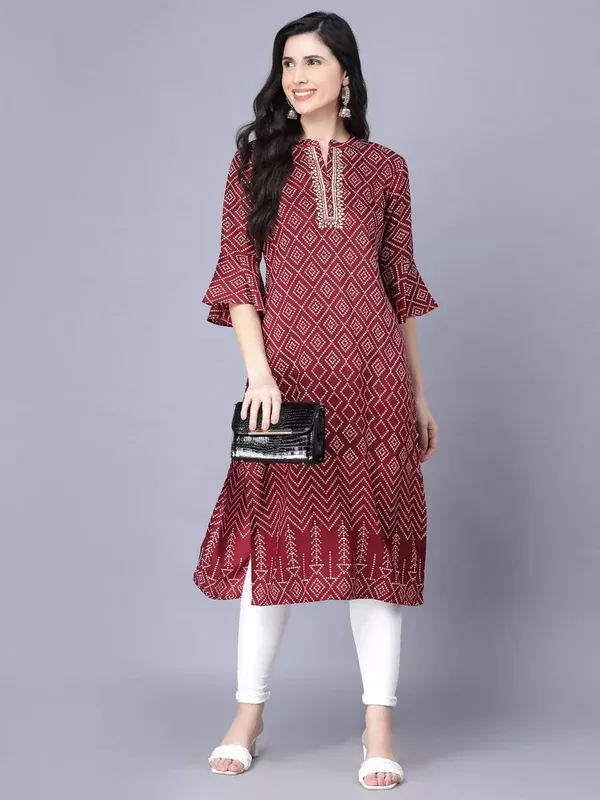 Myshka Silk Printed 3/4 Sleeve Round Maroon Women Kurta - S