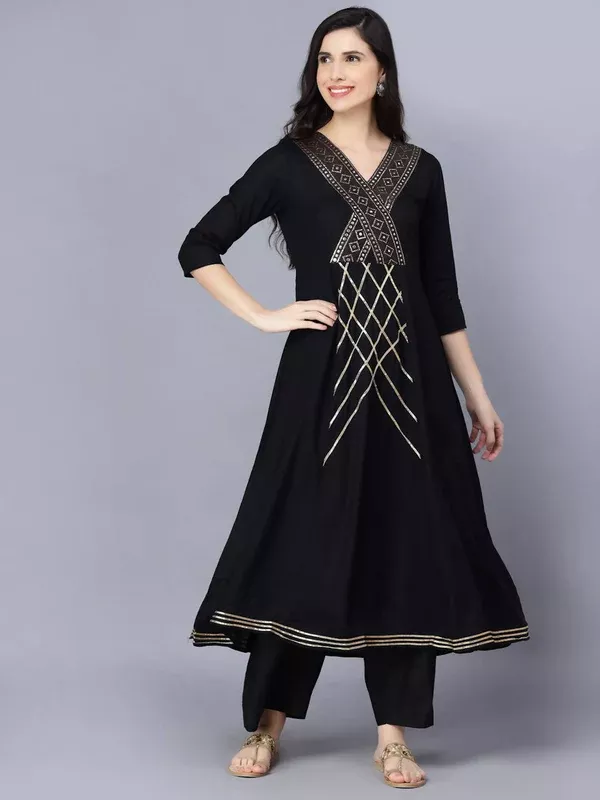 Myshka Women Black Printed Kurta with Dupatta - S