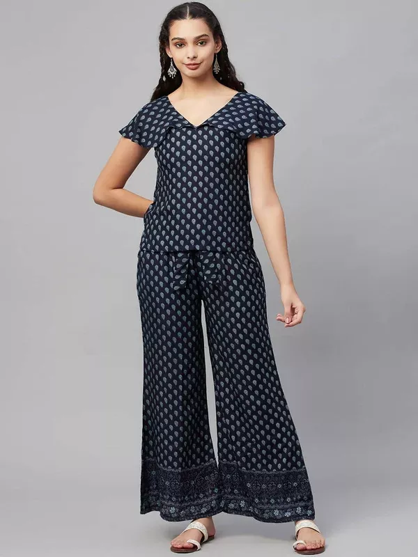 Myshka Women Blue Printed Top Palazzo Set - S