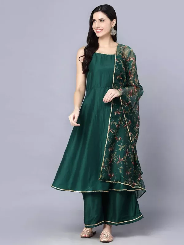 Myshka Women Green Ethnic Motifs Yoke Design Panelled Kurti with Sharara With Dupatta - S