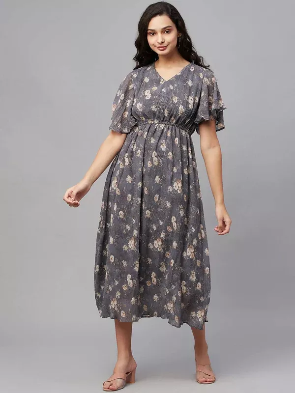 Myshka Women Grey Printed Half Sleeve V Neck Dress - S