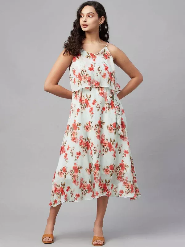 Myshka Women Multicolor Printed Sleeveless V Neck Dress - S