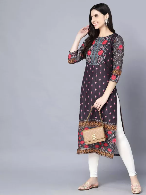 Myshka Women Multicoloured Ethnic Motifs Printed Mirror Work Kurta - S