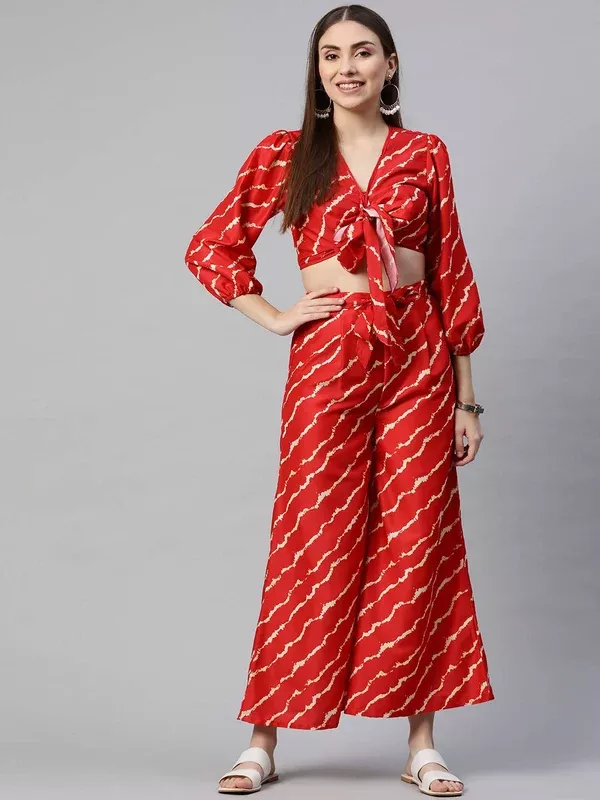 Myshka Women Red Printed Full Sleeve V Neck Dress - S