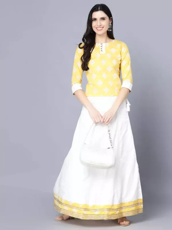 Myshka Yellow White Printed Ready to Wear Lehenga - S