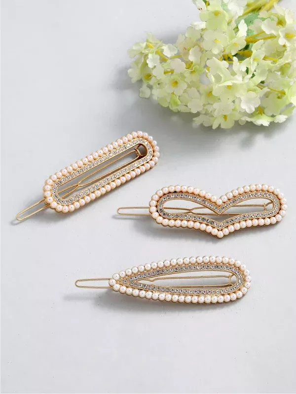 Panash Women Set of 3 Gold-Toned & White Pearls Embellished Bobby Pins