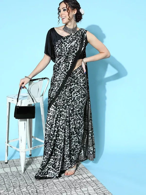 Saree Mall Black & White Printed Saree