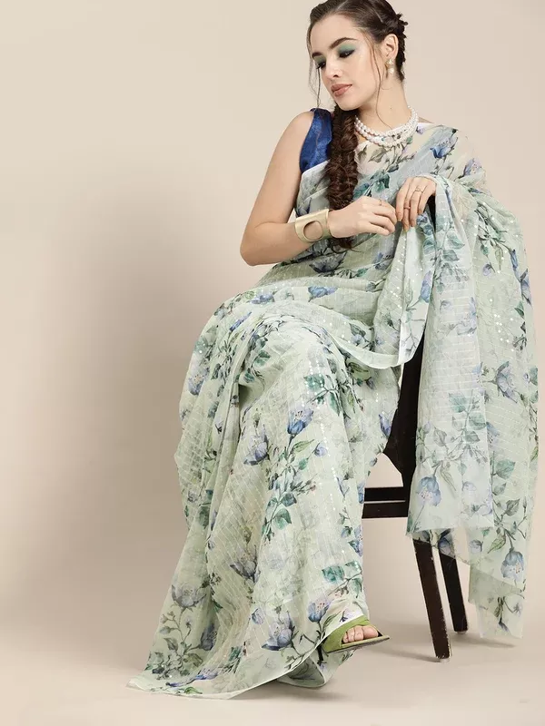 Saree Mall Blue Floral Sequinned Linen Blend Chanderi Saree