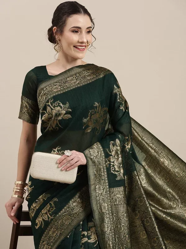 Saree Mall Green Floral Linen Blend Banarasi Saree