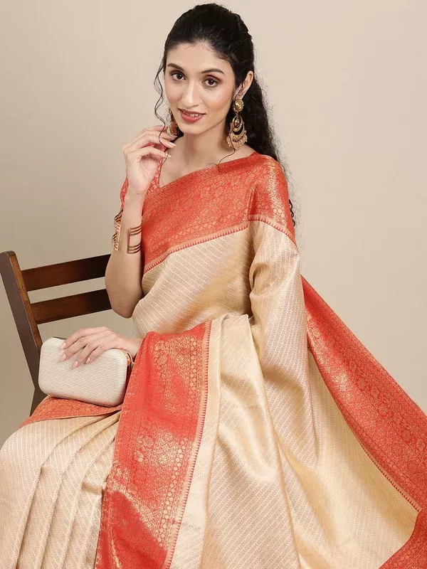 Saree Mall Off White & Red Woven Design Zari Silk Blend Banarasi Saree
