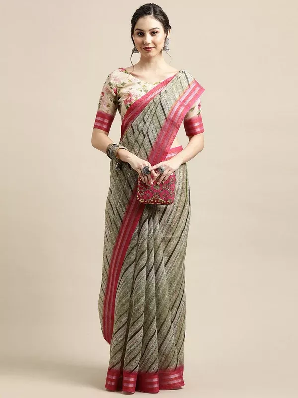 Saree Mall Olive Green & Pink Leheriya Linen Blend Saree
