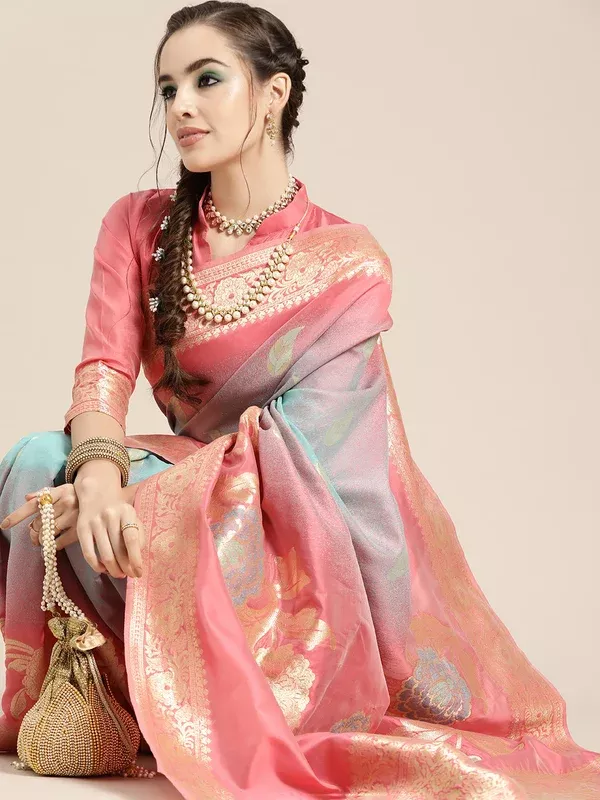 Saree Mall Pink & Blue Floral Dyed Banarasi Saree