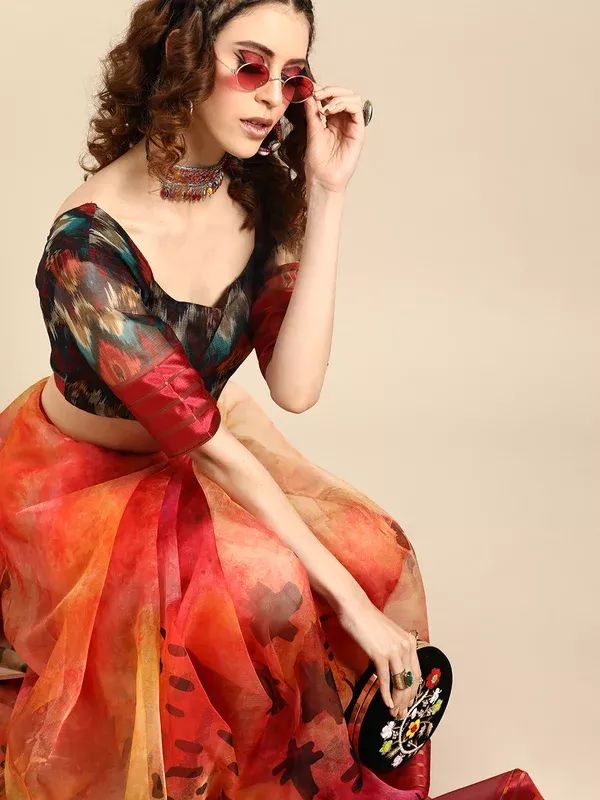 Saree Mall Red & Black Organza Printed Saree