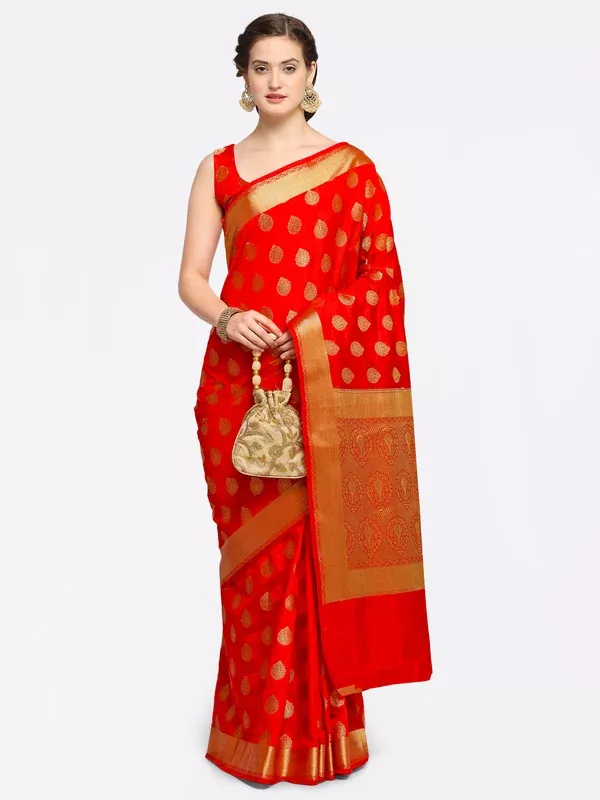 Saree Mall Red Silk Blend Woven Design Kanjeevaram Saree