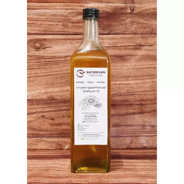 Satjeevan Organic Wood-Pressed Sunflower Oil - 1000 ml (Glass Bottle)