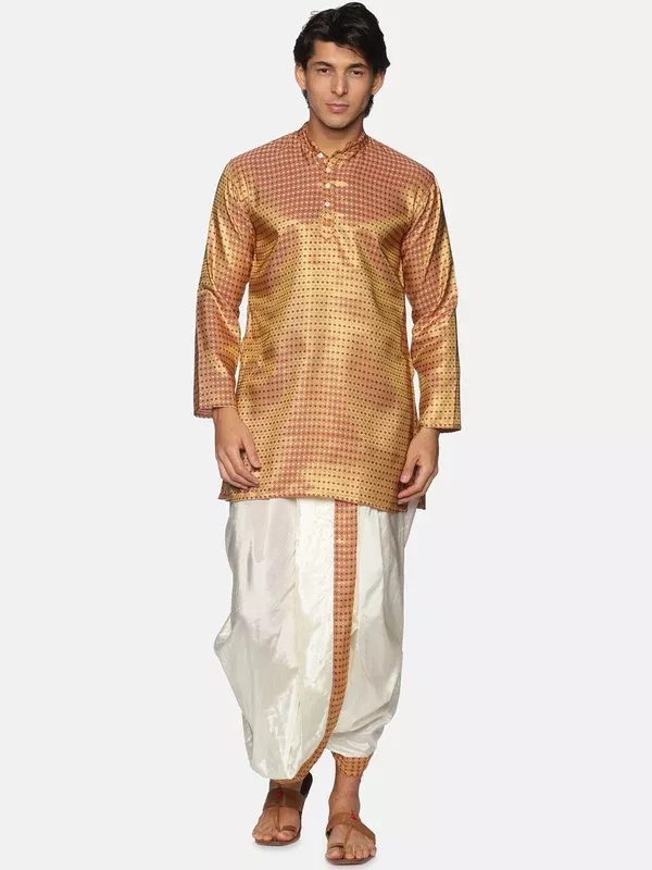 Sethukrishna Men Gold-Toned Striped Kurta with Dhoti Pants - S