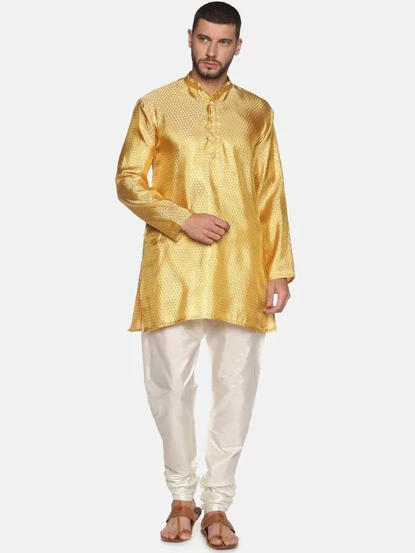 Sethukrishna Men Gold-Toned & White Kurta with Churidar - S
