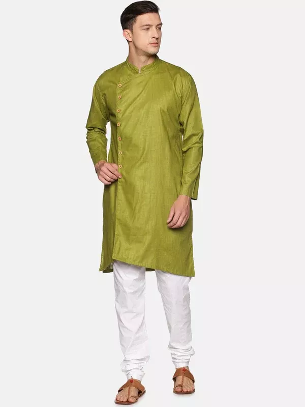 Sethukrishna Men Green Angrakha Pure Cotton Kurta with Pyjamas - S