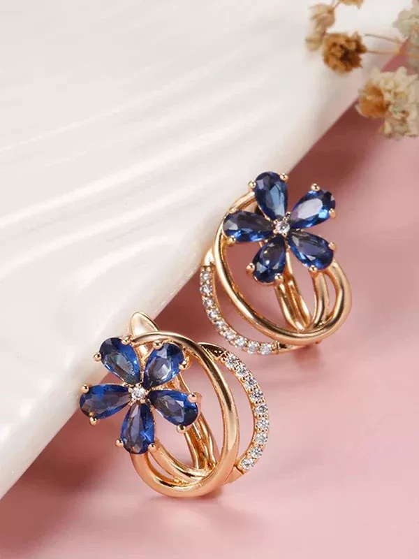 Shining Diva Rose Gold-Polished Blue Floral Studs Earrings