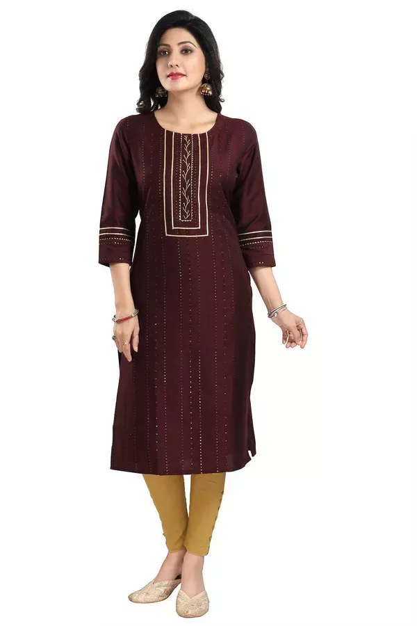 Snehal Creations Beautiful Brown Cotton Silk Designer Long Kurti Tunic With Sequines Embroidery - 38