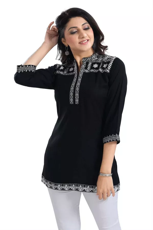 Snehal Creations Blissful Black Women Embroidered Boho Chic Tunic Top - 38