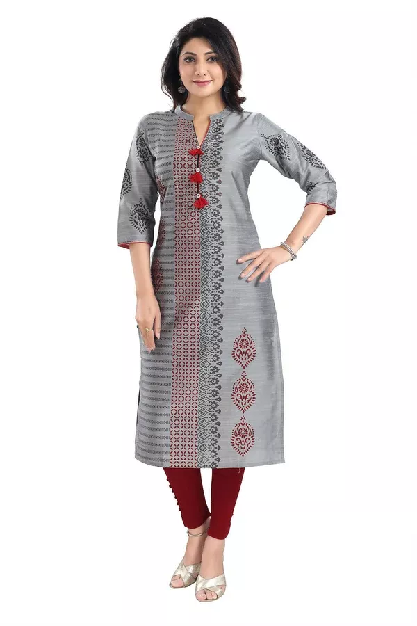 Snehal Creations Grey Raw Silk Block Print Long Kurta For Women - 38