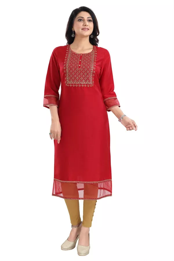 Snehal Creations Mighty Red Art Silk Designer Long Kurti Tunic With Zari Embroidery - 38