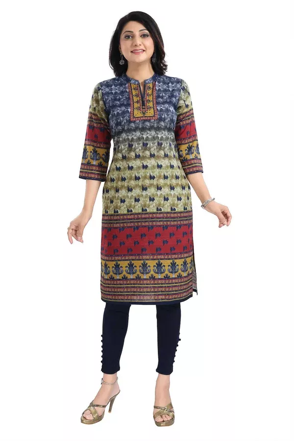 Snehal Creations Multicolored Designer Digital Print Cotton Slub Fabric Long Kurti Tunic - 38