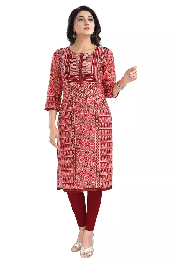 Snehal Creations Tomato Designer Print Cotton Slub Long Kurti Tunic - 38
