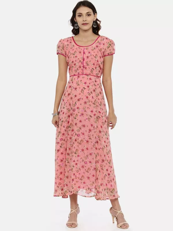Souchii Women Pink Printed Fit and Flare Dress - S
