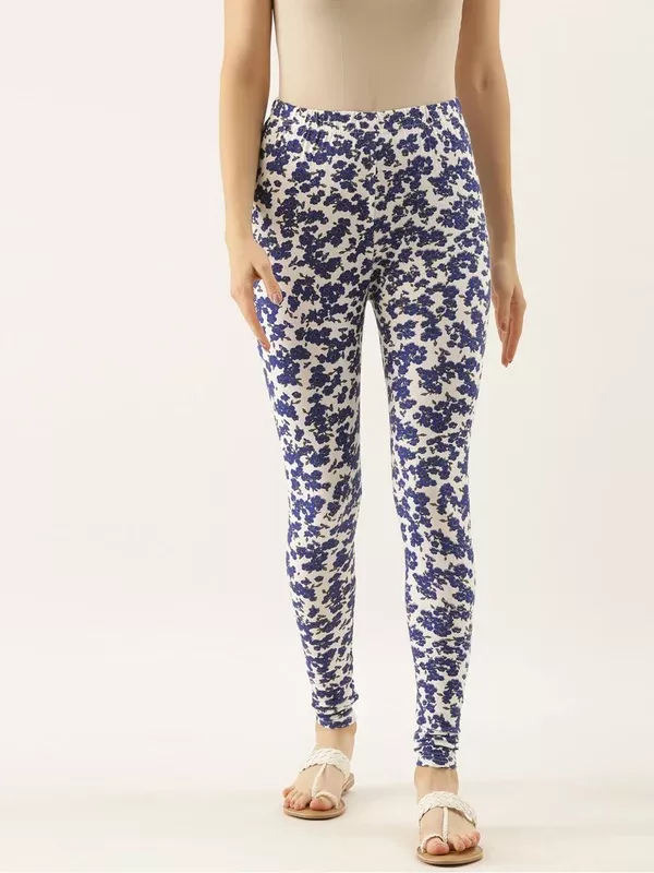 Souchii Women White & Blue Printed Slim-Fit Ankle-Length Leggings - S