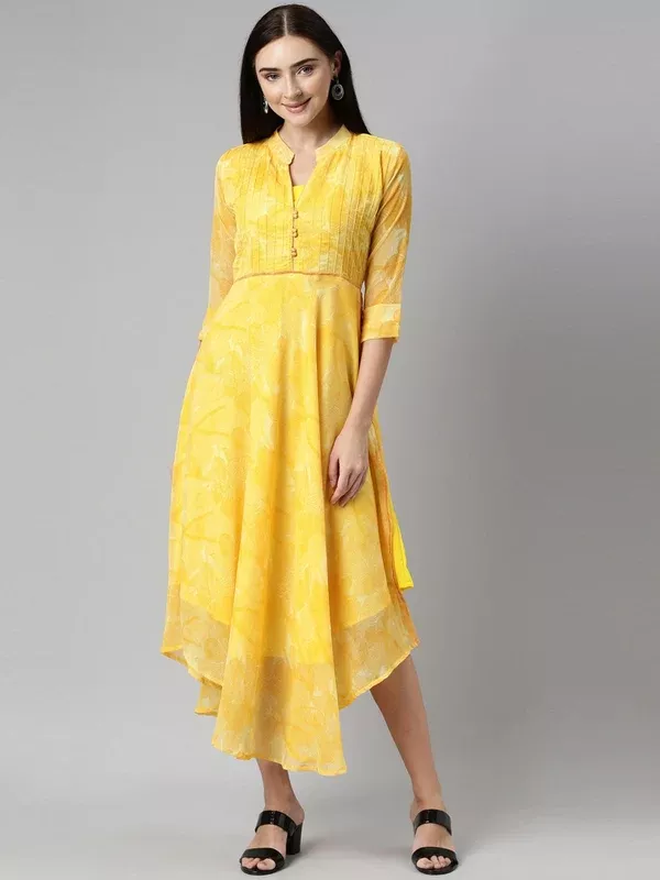 Souchii Yellow Floral Chiffon Midi Dress - S