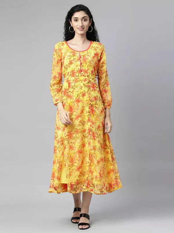 Souchii Yellow Floral Layered Chiffon A-Line Midi Dress - S