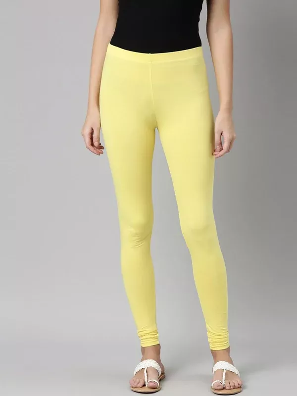 Souchii Yellow Solid Slim-Fit Churidar-Length Leggings - S