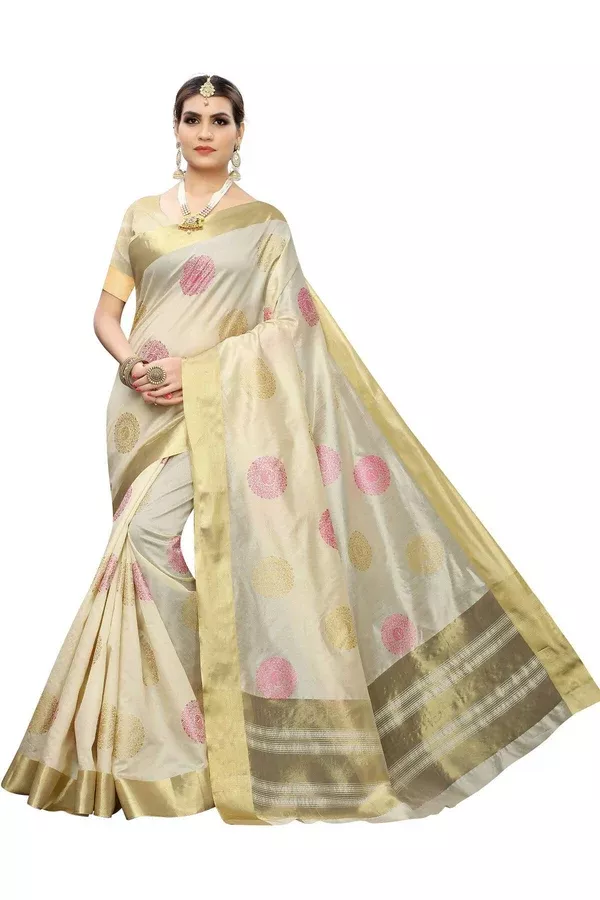 Vamika Cream Weaving Cotton Polyester Silk Saree (Kerala Bird Pink)