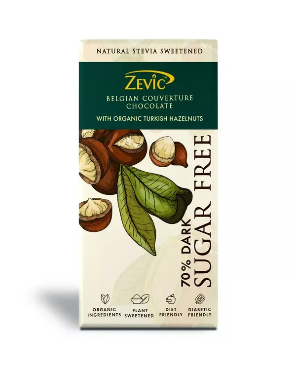 Zevic 70% Dark Belgian Couverture Chocolate with Organic Turkish Hazelnuts - 90 gm