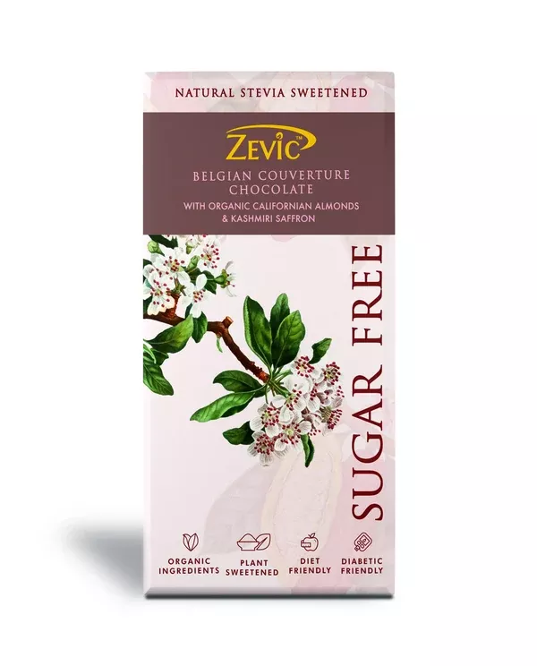 Zevic Belgian Couverture Chocolate with Organic Californian Almonds and Kashmiri Saffron - 90 gm
